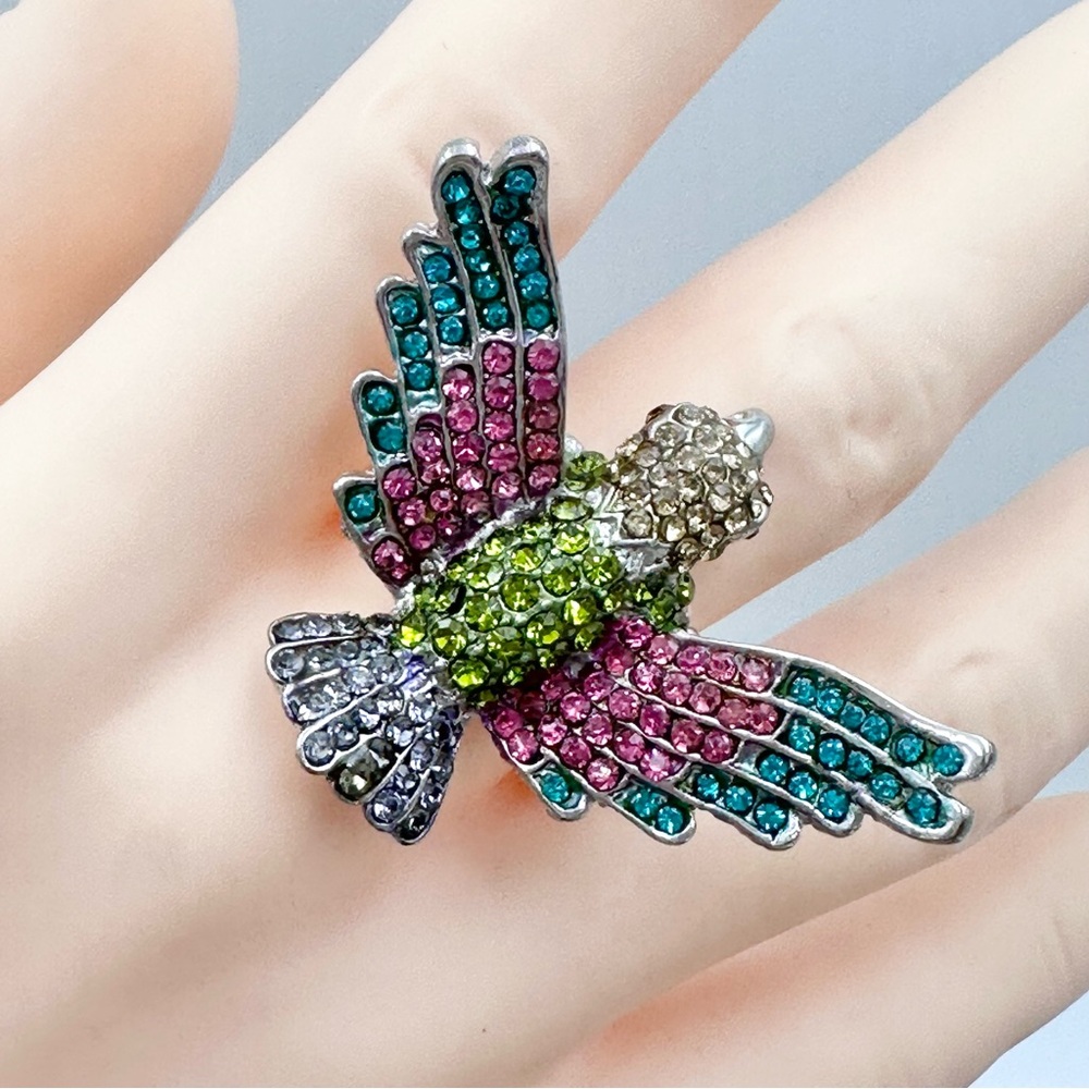 Large Multicolor Rhinestone Bird Cocktail Stretch Ring - Picture 2 of 7